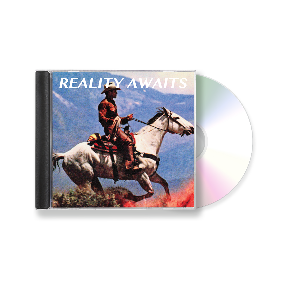 The Strokes Reality Awaits CD Case  with a cowboy on a horse in front of a mountainous background. The CD is poking out of the CD Case.